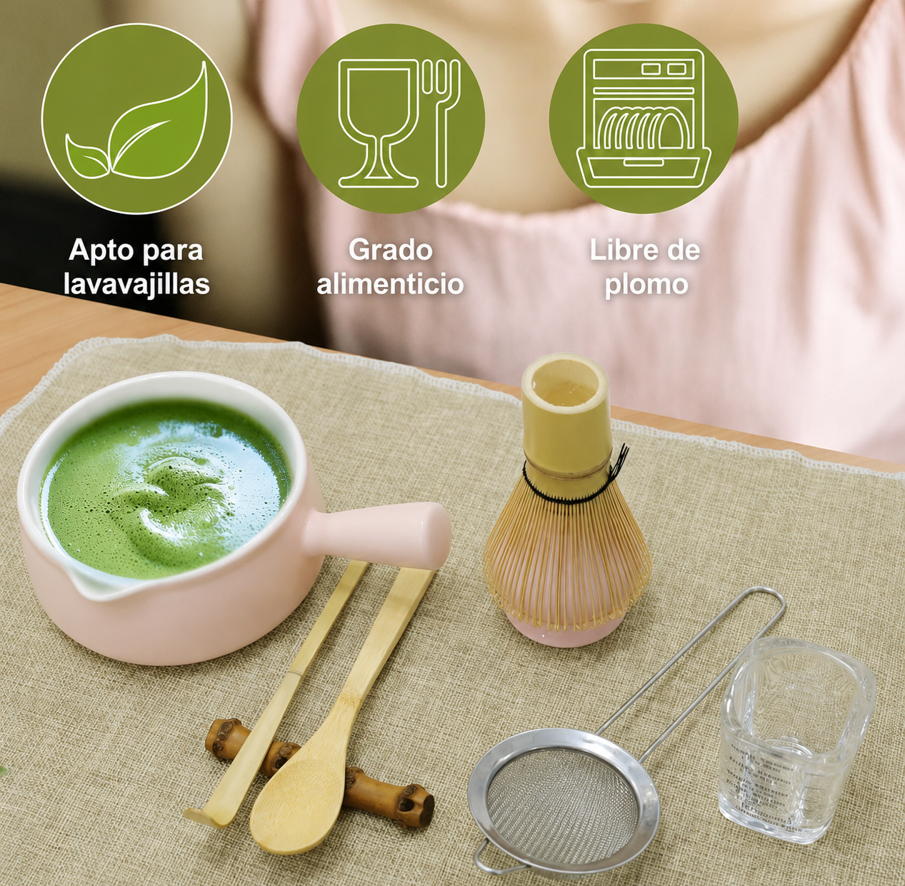 SET CEREMONIAL DE MATCHA VERSION ROSADO CON AGARRE ERGONOMICO